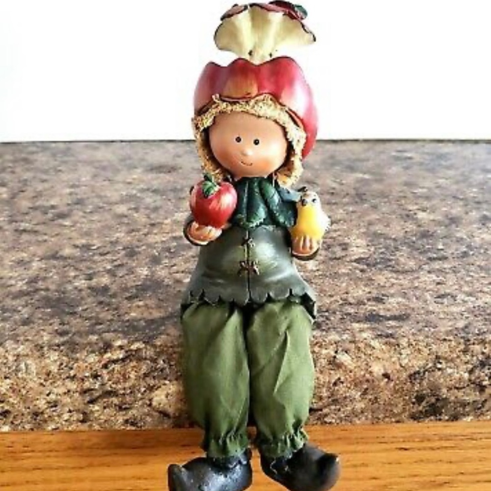 Vintage Dangle Leg Boy Figurine Shelf Sitter Apple Core Hat Holding Apple Bird
